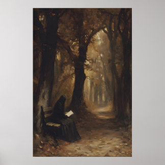 Vrouw lezend in een somber herfstbos kunst afdrukb poster