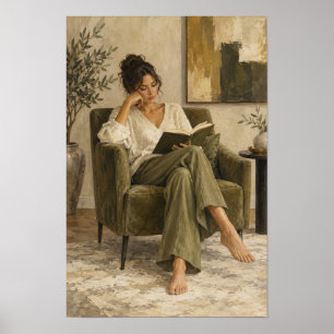 Vrouw lezend in groene fauteuil gezellige figurati poster