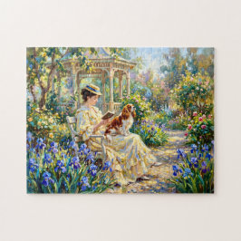 Vrouw lezend in tuin met Cavalier Spaniel Legpuzzel
