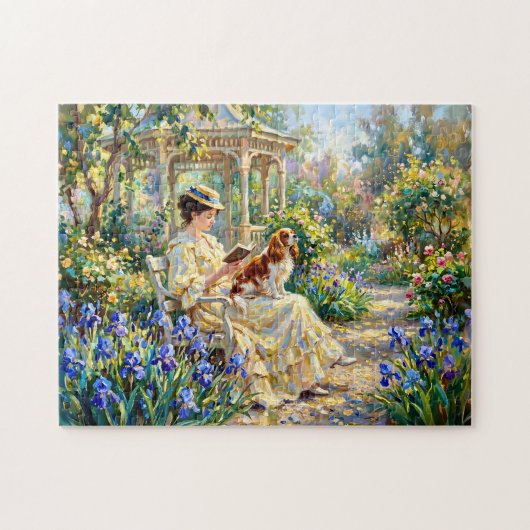Vrouw lezend in tuin met Cavalier Spaniel Legpuzzel (Horizontaal)