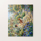 Vrouw lezend in tuin met Cavalier Spaniel Legpuzzel (Verticaal)