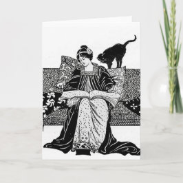 Vrouw lezend met een zwarte kat kaart