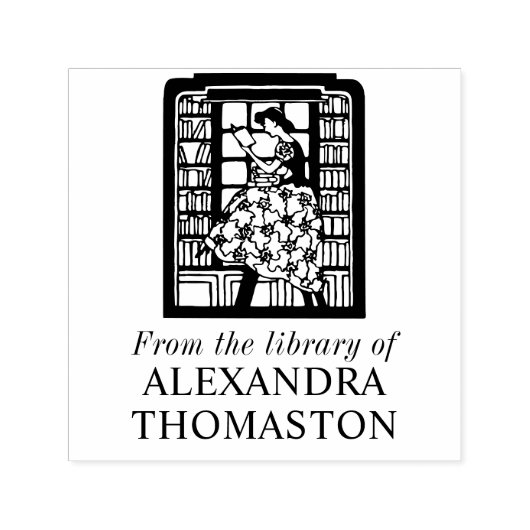 Vrouw lezend tussen boekenplanken Bibliotheek Boek Zelfinktende Stempel (Design)