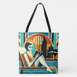 Vrouw Lezing Boek Aan het zwembad Art Deco Design Tote Bag