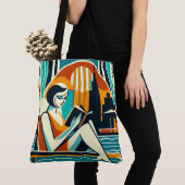 Vrouw Lezing Boek Aan het zwembad Art Deco Design Tote Bag (Dichtbij)