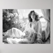 Vrouw liggend op witte zijden lakens B&W foto Poster (Voorkant)