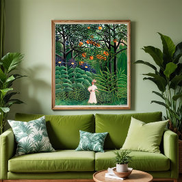 Vrouw loopt in een exotisch bos poster