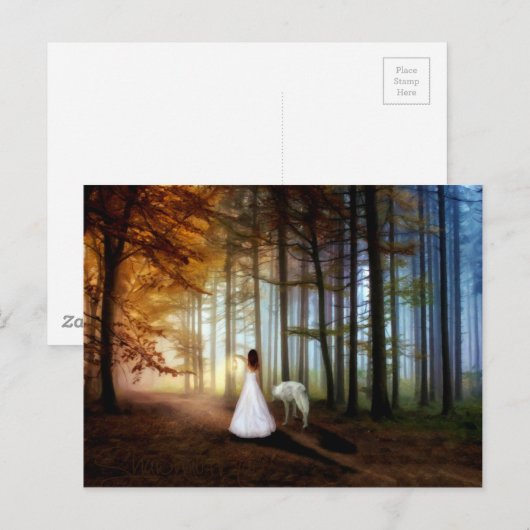 Vrouw loopt met een wolf briefkaart (Voorkant / Achterkant)