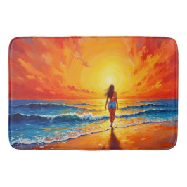 Vrouw lopen oceaan strand warme zonsondergang badmat