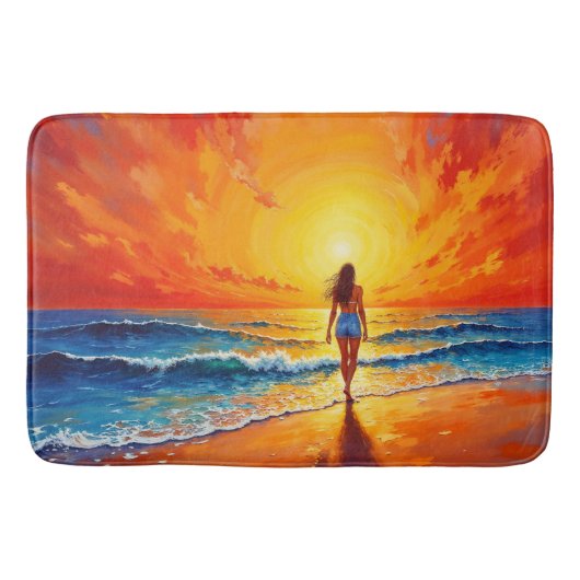 Vrouw lopen oceaan strand warme zonsondergang badmat (Voorkant)