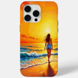 Vrouw lopen oceaan strand warme zonsondergang iPhone 15 pro max hoesje