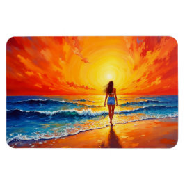 Vrouw lopen oceaan strand warme zonsondergang magneet
