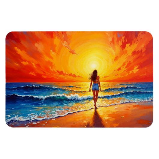 Vrouw lopen oceaan strand warme zonsondergang magneet (Horizontaal)