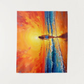 Vrouw lopen oceaan strand warme zonsondergang wandkleed (Voorkant)