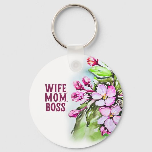 Vrouw Mam Baas, Roze Bloemen Sleutelhanger (Voorkant)