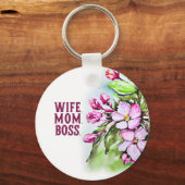 Vrouw Mam Baas, Roze Bloemen Sleutelhanger (Voorkant)