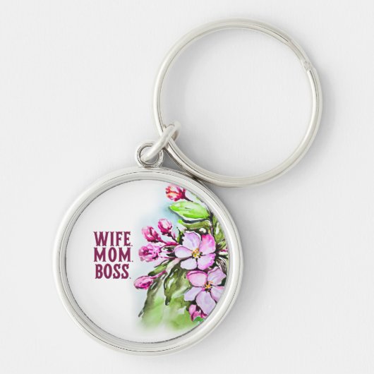 Vrouw Mam Baas, Roze Bloemen Sleutelhanger (Voorkant)