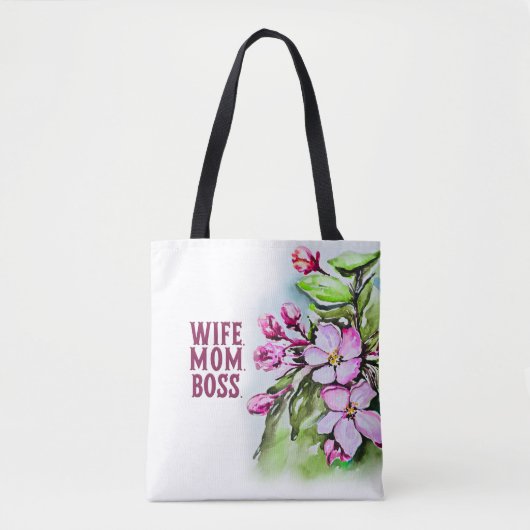 Vrouw Mam Baas, Roze Bloemen Tote Bag (Voorkant)