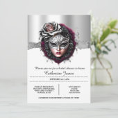 Vrouw maskerade masker bordeaux zilveren carnaval kaart (Staand voorkant)