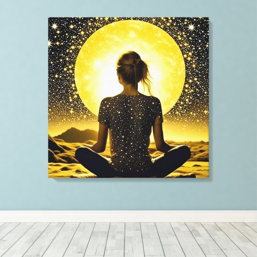 Vrouw Meditatie Onder de Maan Celestial Canvas Afdruk (Insitu (Houten vloer))