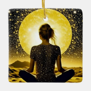 Vrouw Meditatie Onder de Maan Celestial Keramisch Ornament