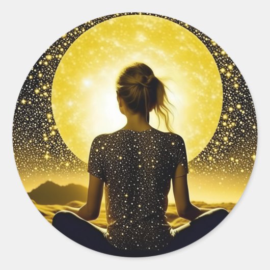 Vrouw Meditatie Onder de Maan Celestial Ronde Sticker (Voorkant)