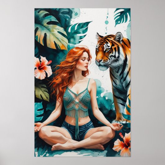 Vrouw Mediterend met Bengaalse Tijger Poster (Voorkant)
