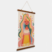 Vrouw Meisje Boho Bloem Illustratie Voornaam Hangend Wandkleed (Gebogen)