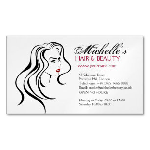 Vrouw meisje met golvend haar en makreel magnetisch visitekaartje