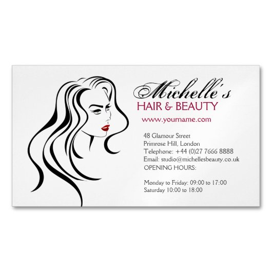 Vrouw meisje met golvend haar en makreel magnetisch visitekaartje (Voorkant)