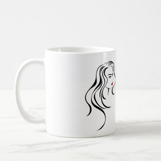 Vrouw meisje met golvend haar en makreelpictogram koffiemok (Links)