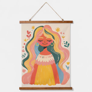 Vrouw Meisje Schattig Boho Bloem Illustratie Hangend Wandkleed