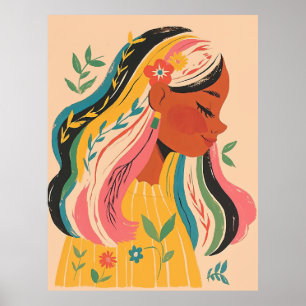 Vrouw Meisje Schattig Boho Bloem Illustratie Poster