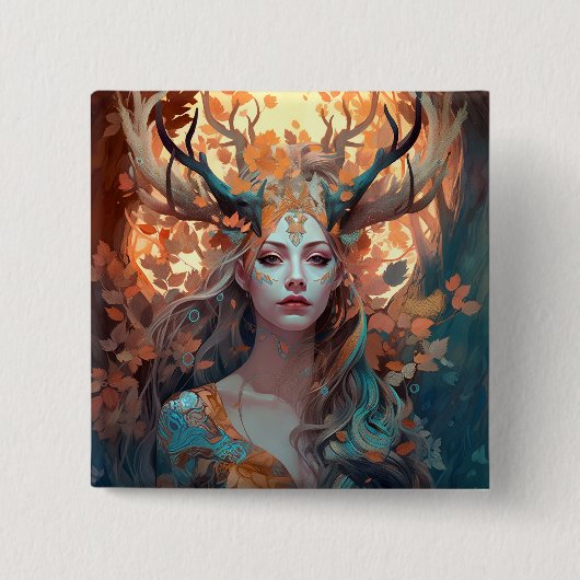 Vrouw met Antlers Fantasy Art Vierkante Button 5,1 Cm (Voorkant)