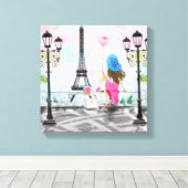Vrouw met Ballon Paris Canvas Print Eiffel Tower (Insitu (Houten vloer))