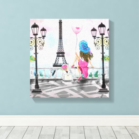 Vrouw met Ballon Paris Canvas Print Eiffel Tower (Insitu (Houten vloer))