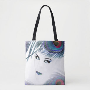 Vrouw met blauw pauwenveer Stijlvolle Canvas tas