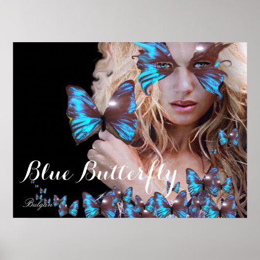 VROUW MET BLAUWE VLINDER POSTER (Voorkant)