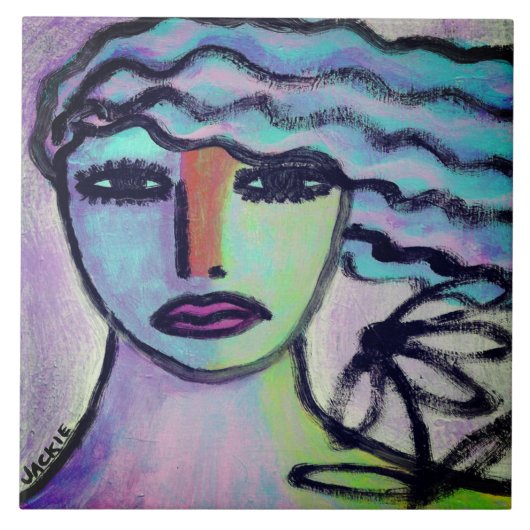 Vrouw met Bloem Abstract Portret Tegeltje (Voorkant)