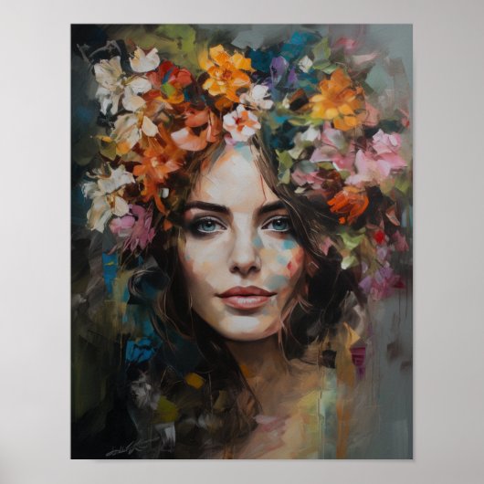 Vrouw Met Bloem Hoofd Kunstprint Poster (Voorkant)