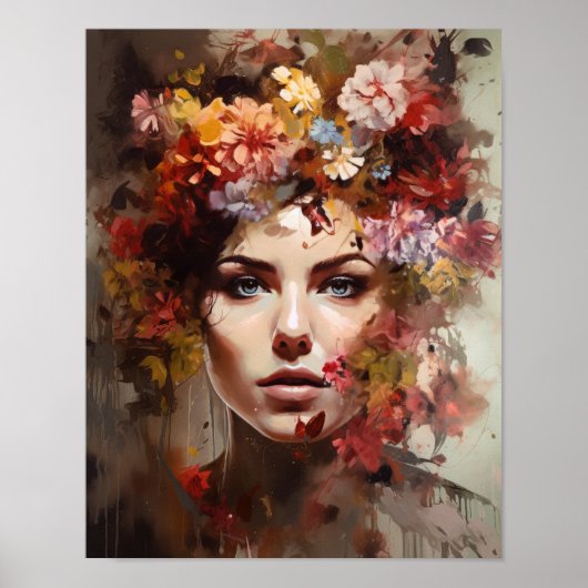 Vrouw Met Bloem Hoofd Kunstprint Poster (Voorkant)