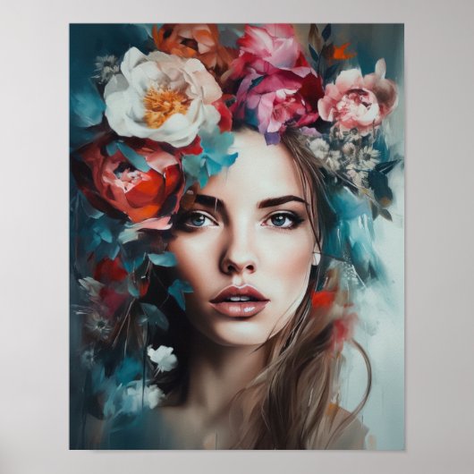 Vrouw Met Bloem Hoofd Kunstprint Poster (Voorkant)
