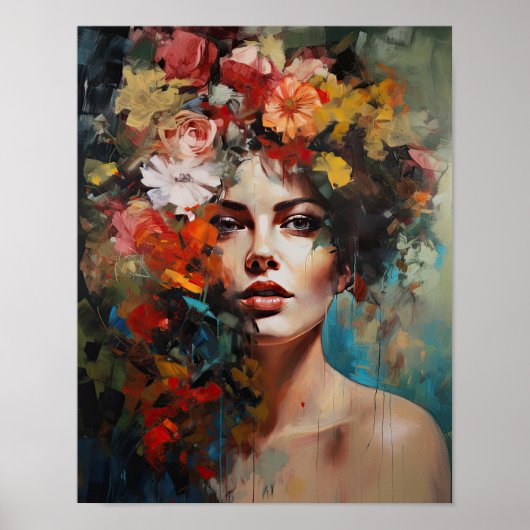 Vrouw Met Bloem Hoofd Kunstprint Poster (Voorkant)