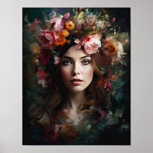 Vrouw Met Bloem Hoofd Kunstprint Poster (Voorkant)