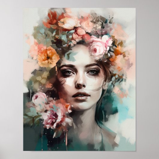 Vrouw Met Bloem Hoofd Kunstprint Poster (Voorkant)