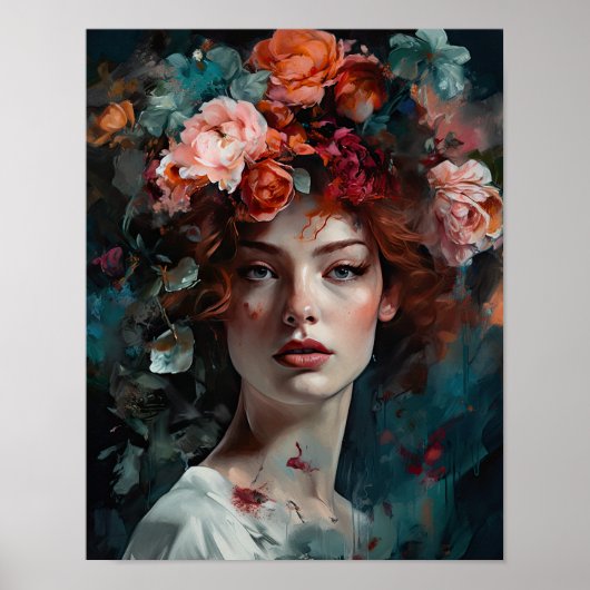 Vrouw Met Bloem Hoofd Kunstprint Poster (Voorkant)