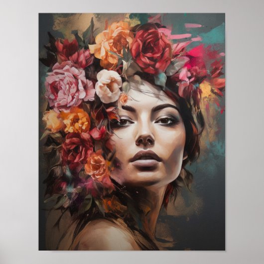 Vrouw Met Bloem Hoofd Kunstprint Poster (Voorkant)