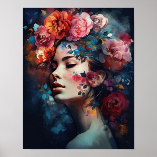 Vrouw Met Bloem Hoofd Kunstprint Poster (Voorkant)