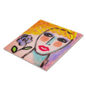 Vrouw met Bloem Originele Abstracte Kunst Tegeltje (Zijkant)