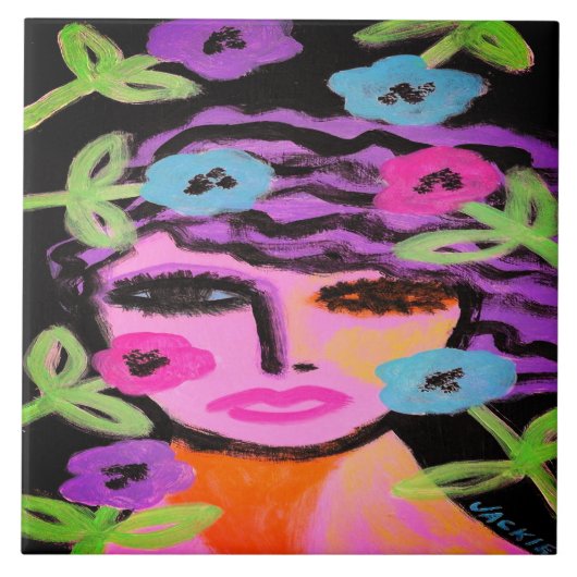 Vrouw met Bloemen Abstract Portret Tegeltje (Voorkant)